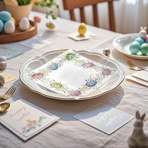 WRAPAHOLIC 25Pcs Easter Cocktail Napkins - 3-Ply Colorful Easter Eggs Disposable Paper Napkins for Easter, Baby Shower, Spring Party Supplies - 5 x 5 In