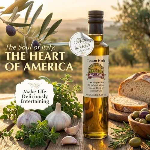 Calizo Tuscan Herb Infused Olive Oil, 250ml Glass Bottle, Cold Pressed Extra Virgin EVOO with Real Basil, Oregano, Rosemary, Garlic, Italian Dipping Oil for Bread, Pasta, Salad, Marinades, Gift Ready