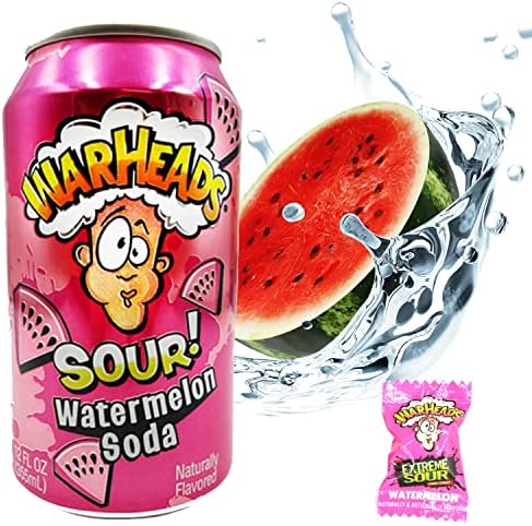 Snack Hut Warheads Sour Soda Pop Variety Pack, Five - 12 oz. Cans Warheads Extreme Sour Candy - Blue Raspberry, Black Cherry, Lemon, Green Apple, Watermelon and 5 Pieces of War Heads Candy