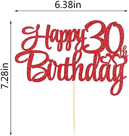 Red 30th birthday cake topper ， happy 30th birthday cake topper， 30th birthday party cake decorations (length 7.5in * wide6.5 in)