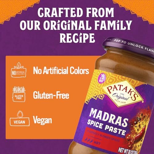 Patak's Madras Spice Paste, Hot Indian Curry with 11 Expertly Blended Spices, No Artificial Colors, Gluten-Free & Vegan, Bold Base for Home Cooking & More, 10 oz Jar