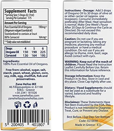 Zane Hellas 190 mg Oregano Oil-164 mg Carvacrol per Serving-4 Drops Daily. 100% Greek Undiluted Oil of Oregano. 86%-90% Min Carvacrol. Probably The Best Oregano Oil in The World. 1 fl. oz.- 30ml