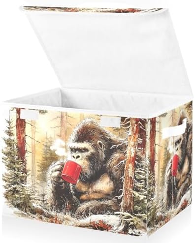 Collapsible Storage Basket with Lid Forest Gorilla Print 1 Pack, Storage Organizer Cube Bin for Home Office