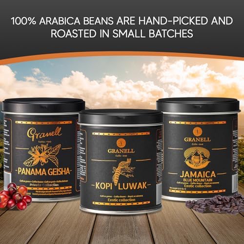 Cafés Granell – Kopi Luwak + Blue Mountain Coffee | Exotic Collection | Fresh Whole Gourmet Beans | JACRA Certified | 100% Arabica Coffee-Premium Medium Roast | 3.53oz