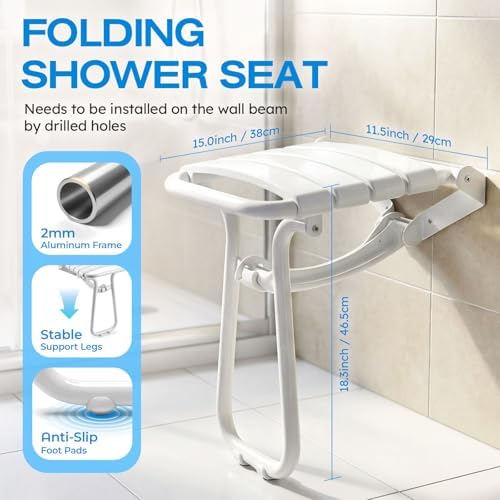 Foldable Shower Seat for Elderly & Disabled, Wall-Mounted Shower Chair with Support Legs, 500 lbs Capacity, Anti-Slip Curved Seat, Medical Bathing Aid for Safety & Fall Prevention