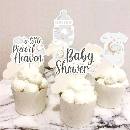 Sursurprise 24Pcs White A Little piece of Heaven Cupcake Toppers, Baby Shower Cupcake Pick Decorations, Heaven Sent Heavenly Party Suppliers