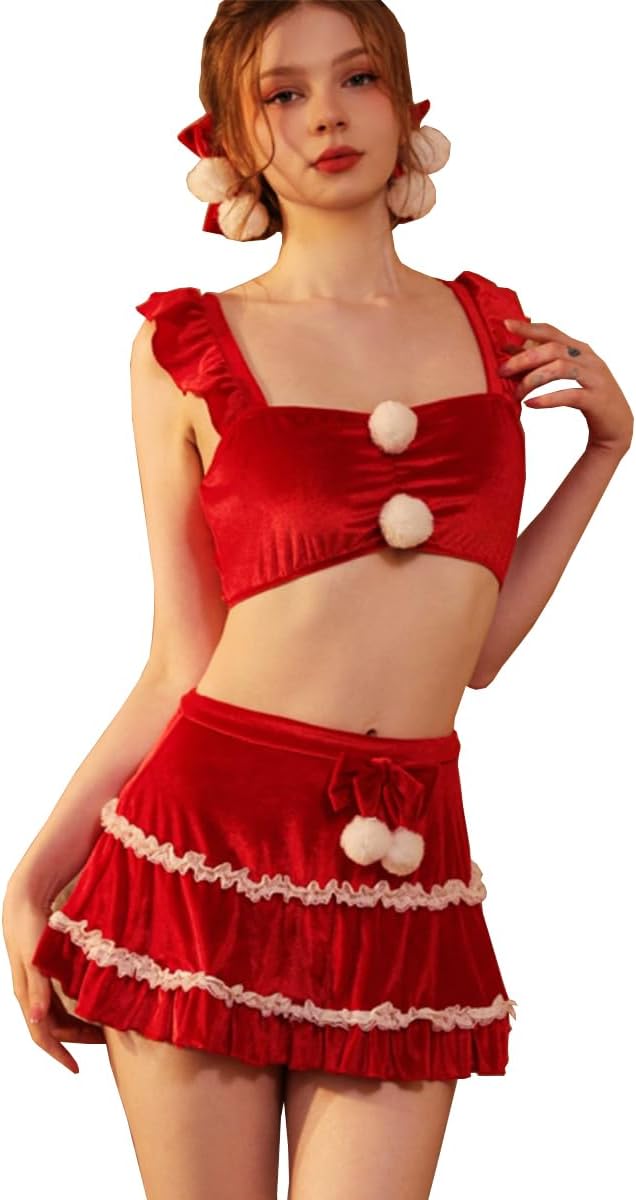 SNOMYRS Women's Sexy Christmas Lingeries Santa Costume Red Kawaii Cosplay Lingerie Costumes Babydoll Skirt Pajamas
