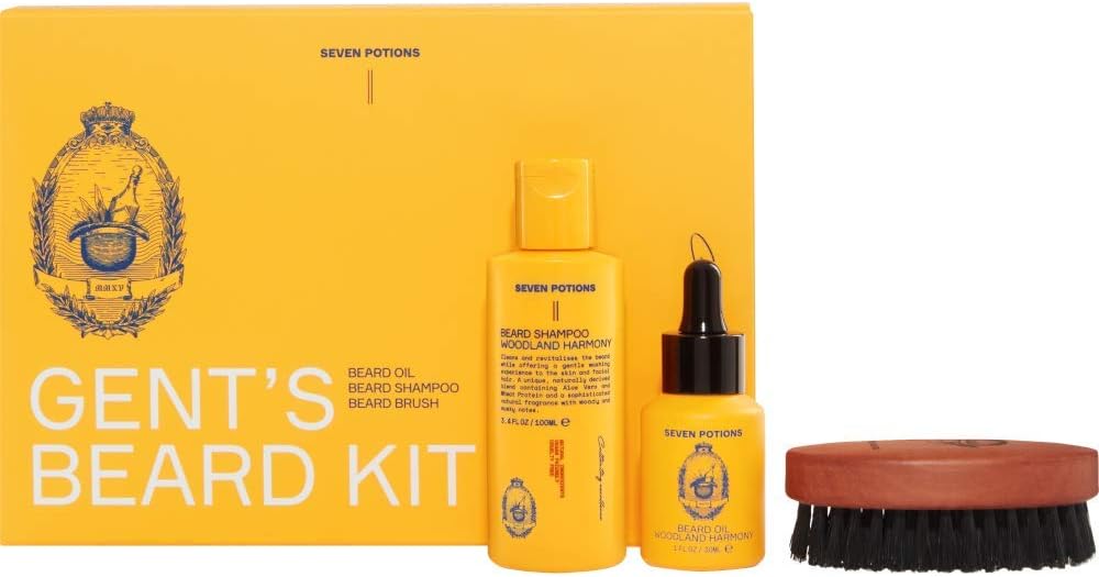 SEVEN POTIONS Beard Grooming Kit, Woodland Harmony. Includes Beard Oil, Shampoo and Brush for Ultimate Beard Care