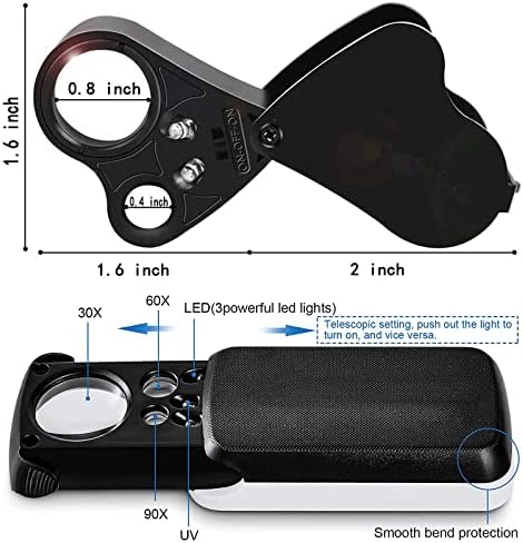 HMKIS Jewelers Loupe, 2 Pack Magnifying Glass with Light, 30X 60X 90X Jewelers Loop Magnification with 20 Backup Batteries for Coin, Diamonds, Gems, Jewelry, Stamps Close Work