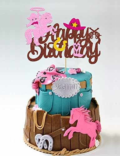 Cowgirl Cake Topper Western Happy Birthday Decorations Glitter Cowgirl Theme Cake Toppers Decorations for Girls Horse Cake Toppers Girl Birthday Party Supplies for Baby Shower