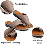 Bunion Correcting Sandals for Women Leather, Women Orthotics Sandals Posture Correction Open Toe Slippers Casual Beach Casual Toe Separate Flat Shoes with Arch Support,Grey,EU40/US8