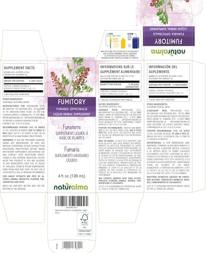 Naturalma Fumitory (Fumaria officinalis) herb with Flowers Alcohol-Free Tincture - 4 fl oz Liquid Extract in Drops - Herbal Supplement - Vegan