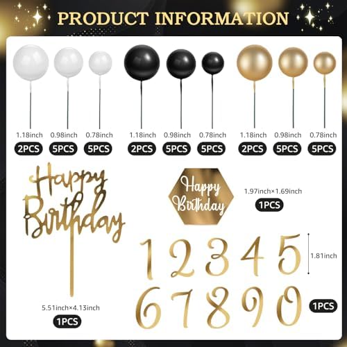 48 Pcs Ball Cake Toppers, DIY Cake Decorations with Black Gold White Balls Acrylic and Happy Birthday Cake Insert Toppers for Men Boy Black Theme Birthday Party Wedding Anniversary Party