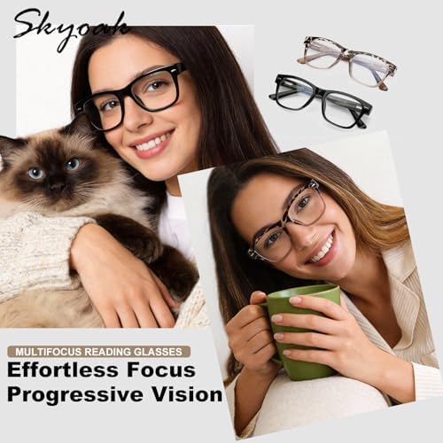 SKYOAK 2 Pack Trendy Progressive Multifocus Reading Glasses for Women, Retro Rectangle Frame Anti UV/Eyestrain Computer Readers, Stylish Spring Hinge Multifocal Glasses with Metal Core Wire, 2.5x