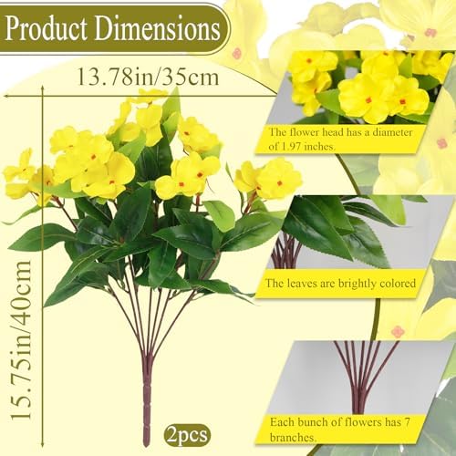 2 Pcs Artificial Impatiens Flowers for Outdoors Silk Flower Outside UV Resistant Fake Flowers Plants Bushes Yellow Faux Impatiens for Outdoor Planters Front Porch Patio Garden Balcony Decor