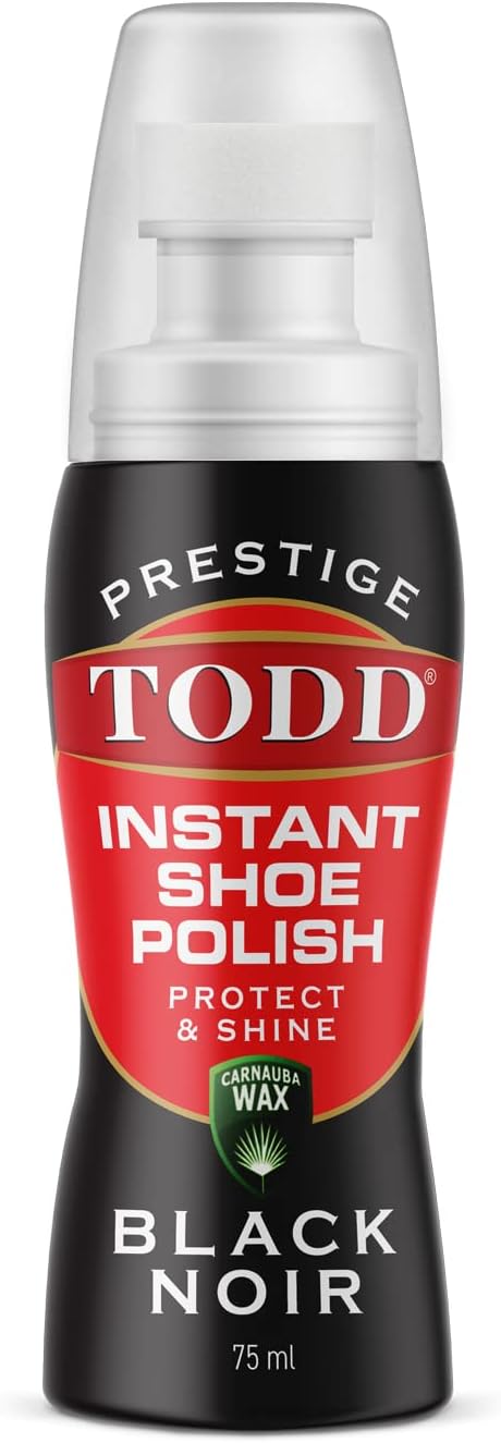 TODD Prestige Liquid Shoe Polish Black with Carnauba Wax 2.5 FL. OZ | Instant Shine and Protect for Shoes, Boots, Bags | 75ml Bottle with Sponge