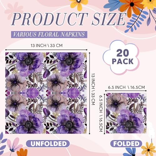 Crtiin 20 Pack Decoupage Napkins Floral Napkins Flower Cocktail Paper Decorative Toilet for Valentine's Day Birthday Party Beautiful Gorgeous, 20 Styles Each 6.5 Inches(Style 5)