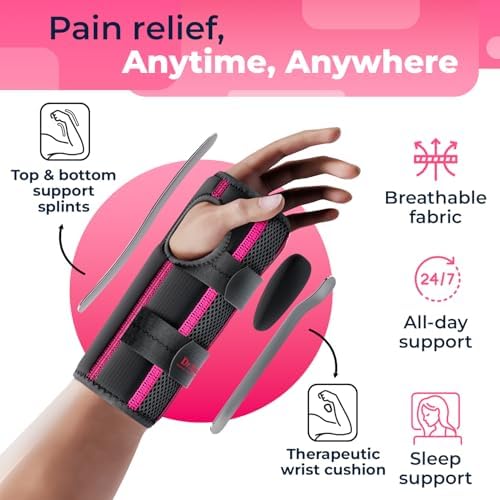 DR. BRACE Adjustable Wrist Brace Night Support for Carpal Tunnel, Doctor Developed, Upgraded with Double Splint & Therapeutic Cushion,Hand Brace for Pain Relief,Injuries,Sprains (S/M Left Hand, Black-Pink)