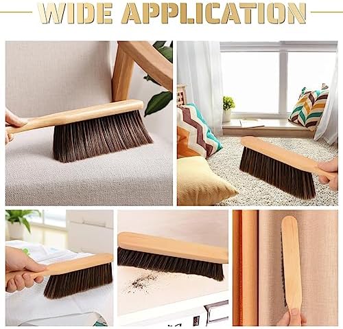2 Pieces Woooden Dust Brush Hand Broom Bench Brush with Long Wood Handle Whisk Broom Soft Bristle Brush for Counter Bed Sofa Car Fireplace Clothes Household Cleaning(Brown)