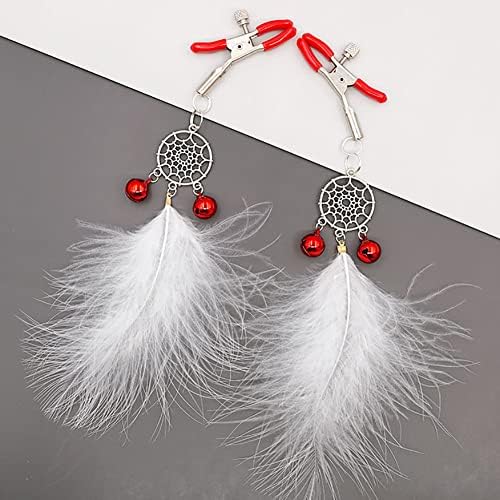 Feather Tassel Nipple Clips with Bells Adjustable Non Piercing Breast Nipple Clamps Sexy Feather Dangle Nipple Body Jewelry (White)