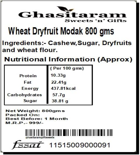 Ghasitaram Gifts Indian Sweets - Sweets Ganesha Chaturthi Gifts Modaks Wheat Dryfruit Modak 800 gms