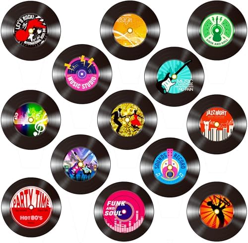 48pcs Vinyl Records Theme Cucpcake Toppers for Rock and Roll Party Decorations Retro Vinyl Record Cutout Cupcake Picks Rock Music Dj Party Decorations for 50s 70s 90s Style Birthday Supplies