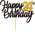 Happy 24th Birthday Cake Toppers Glitter 24th Anniversary Cake Topper 24 Years Loved Bday Decorations 24 Gold Birthday Cake Decorations Twenty-four Party Supplies for Women Men(Black Gold)