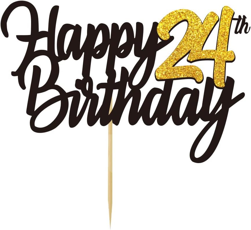 Happy 24th Birthday Cake Toppers Glitter 24th Anniversary Cake Topper 24 Years Loved Bday Decorations 24 Gold Birthday Cake Decorations Twenty-four Party Supplies for Women Men(Black Gold)