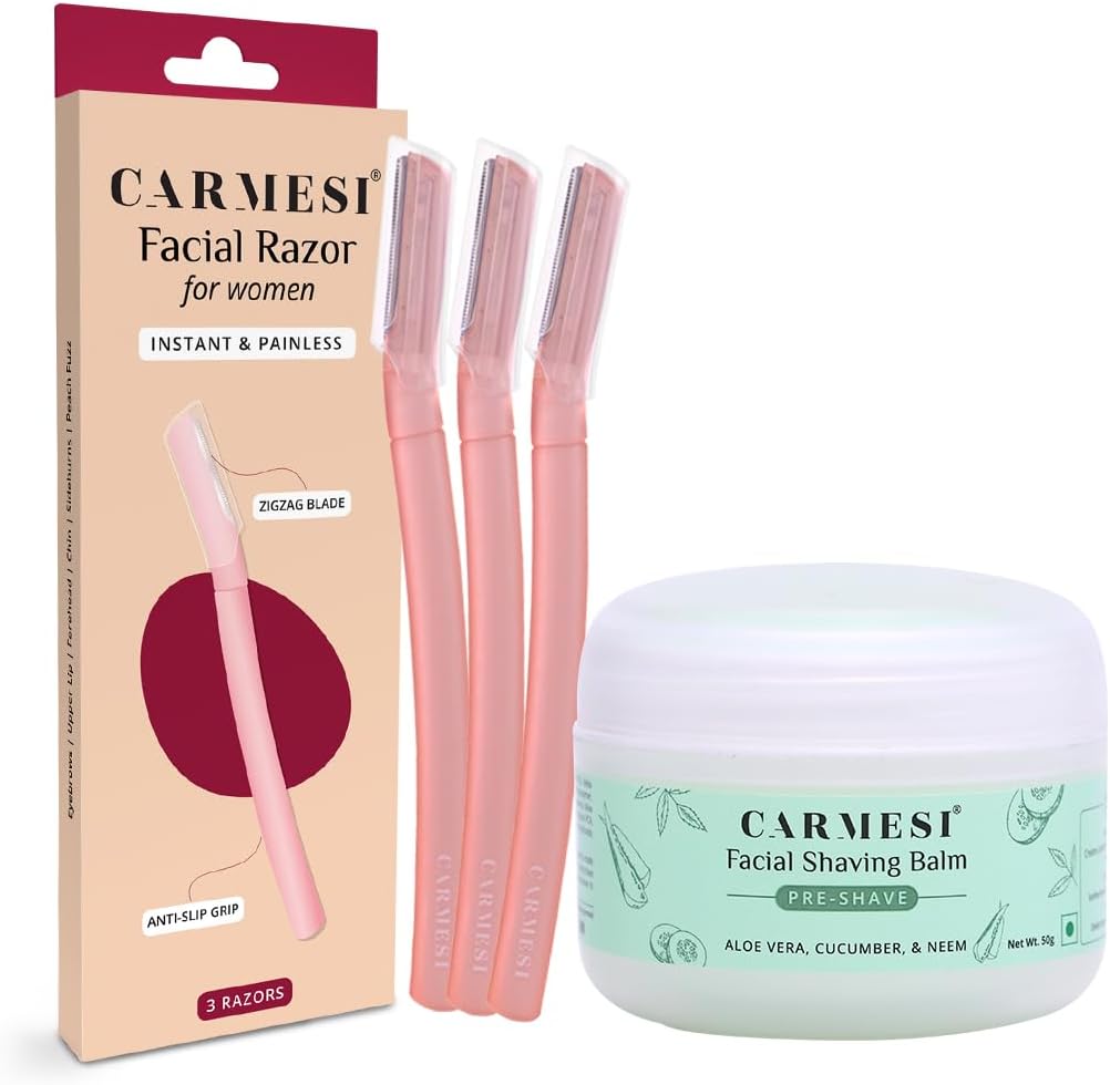 Carmesi Facial Shaving Kit | Face Razors (3 Count) + Shaving Gel (1.76 Oz/50g) | Painless Hair Removal | Prevents Nicks & Cuts | for Peach Fuzz, Eyebrow, Chin & Upper Lip