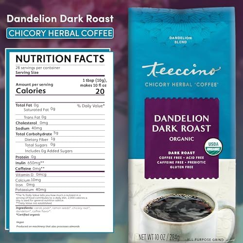 Teeccino Dandelion Dark Roast Herbal Coffee - 10 oz - Caffeine-Free Coffee Alternative with Prebiotics, Gluten Free, Acid Free, Organic