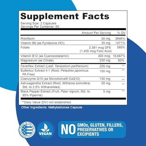 Migratone Migraine Relief Nutritional Support Supplement - with Magnesium, Riboflavin Vitamin B2, B6 & B12, Microactive Coq10, Feverfew, PA-Free Butterbur, and Folate - Clinically Preferred Blend