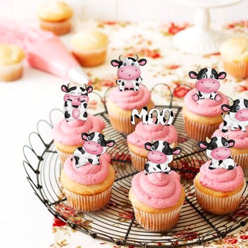 40Pcs Edible cow Cupcake Toppers Wafer Paper Farm Animals Moo Cupcake Cow Drink Topper Picks Cow Theme Kids Birthday Party Cake Decorations Supplies