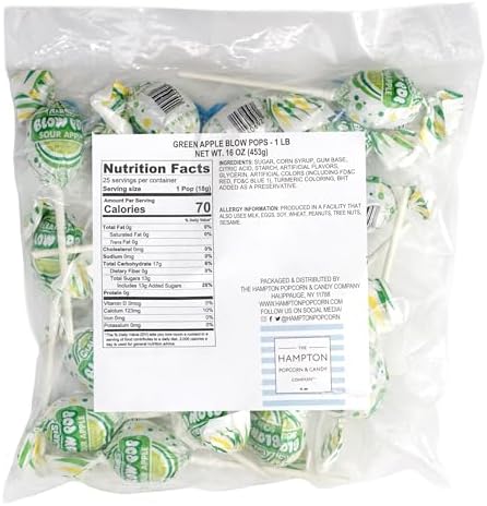 Charms Green Sour Apple Blow Pops, 1lb Bulk Bag (Approx 22), Green Apple Sour Candy Gum Filled Lollipops, Individually Wrapped Bulk Hard Candy, The Hampton Popcorn & Candy Company