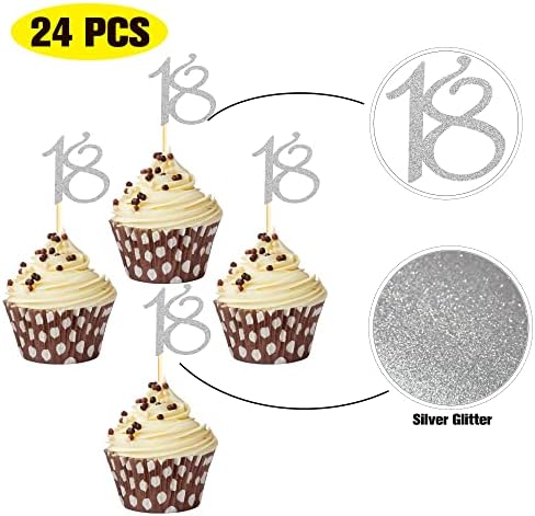Sumerk 24PCS 18 Cupcake toppers Silver Glitter 18th Birthday Cupcake Picks Anniversary Party Decorations