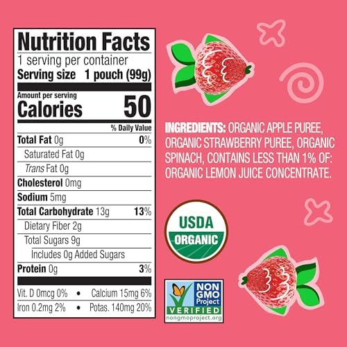 Earth's Best Organic Baby Food Pouches, 6+ Months, Fruit and Vegetable Puree for Babies 6 Months and Up, Organic Strawberry, Apple, and Spinach, 3.5 Ounce Resealable Pouch (Pack of 12)