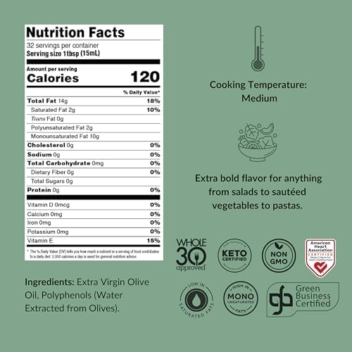 Fresh Press Farms Cold Pressed High Polyphenol Pure Gold Extra Virgin Olive Oil, 16.4 Fl Oz (Pack of 2), Georgia Grown, 100% American Made, Unrefined, Certified Whole30, Non-GMO, Keto, Paleo, Gluten Free, Packaging May Vary