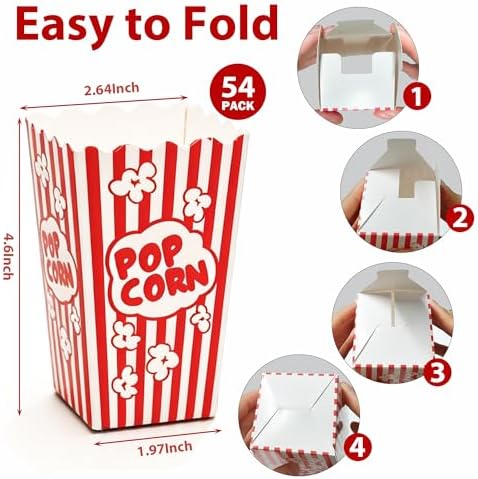 Homrelaxy 54Pcs Mini Popcorn Boxes, 4.6" Tall and 2.6" Square Small Paper Popcorn Containers Buckets for Pop Corn Machine, Movie Night, Cinema, Carnival, Party, Concessions