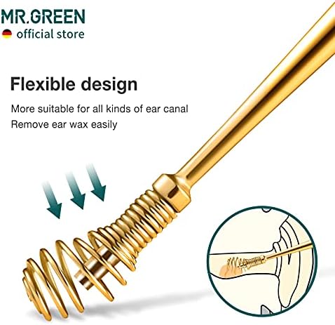 MR.GREEN 360 Spiral Massage Ear Pick - Stainless Steel Flexible Ear Canal Cleaner and Care Tools (Golden)