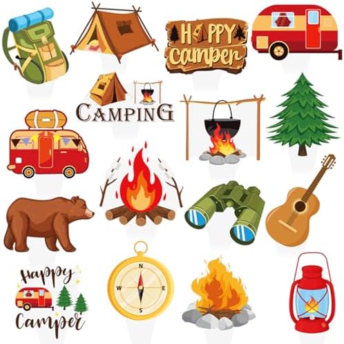 Camping Cupcake Toppers 48 Pieces Happy Camper Birthday Party Decorations Outdoor Adventure Theme Party Decorations Bear Tent Bonfire Guitar Cake Picks for Woodland Tree Birthday Baby Shower Supplies