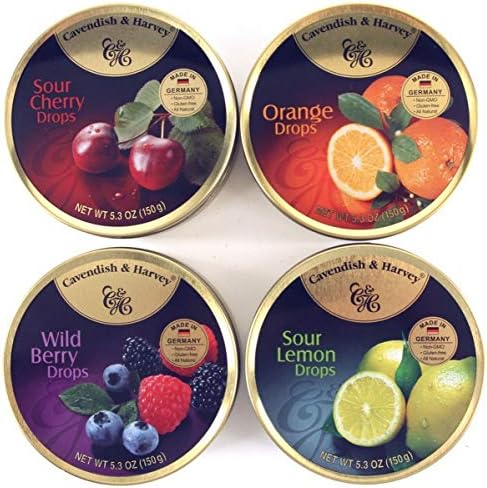 Cavendish & Harvey | Variety Flavor Hard Candy Drops | Orange, Wild Berry, Sour Lemon, & Sour Cherry | 5.3 Ounce Tins - 4 Pack