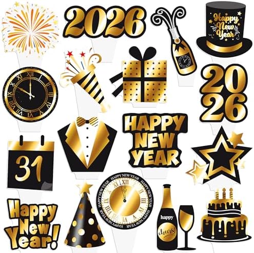 Happy New Year 2026 Cupcake Toppers 48Pcs 2026 New Years Eve Party Supplies Black and Gold New Years Party Cake Decoration for New Year Theme Countdown Decor
