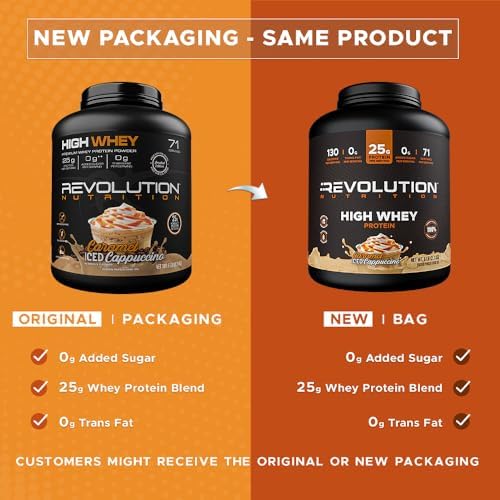 Revolution Nutrition, High Whey, Protein Powder 6LB, Whey Isolate, Gluten Free, Lean Muscle Mass for Men & Women, 25g of Protein Per Scoop, 2.7kg, 73 Servings (Caramel Iced Cappuccino, 6 Pound)