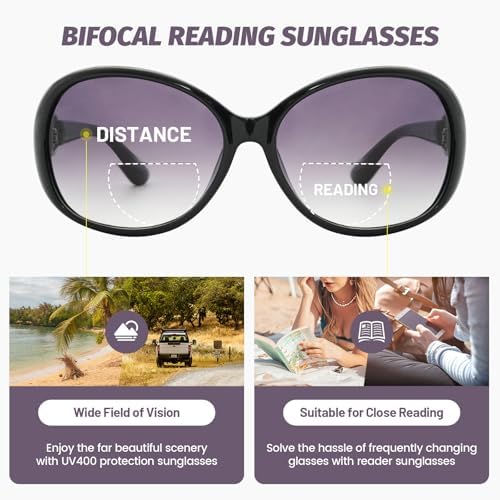 JiSoo Oversized Bifocal Sunglasses for Women, Square Reader Sunglasses Gradient Sun Glasses with Readers Built-in