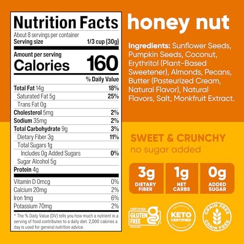 NuTrail Nut Granola Cereal, Honey Nut, No Sugar Added, Keto, Low Carb, Gluten Free, Grain Free, Healthy Breakfast 8 oz. 1 Count