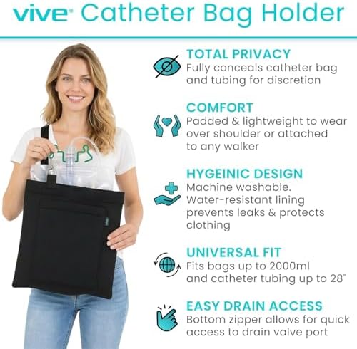 Vive Urinary Drainage Bag Holder – Discreet Foley Catheter & Drain Tube Cover – Nephrostomy Bag Holder, Easy-Access Zipper, Adjustable Strap - Leakproof Catheter Supplies for Privacy, 2000mL (Black)