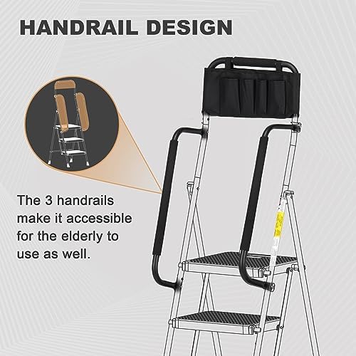 HBTower Step Ladder with Handrails, Folding Step Stool with Attachable Tool Bag & Anti-Slip Wide Pedal for Home Kitchen Pantry Office, Black