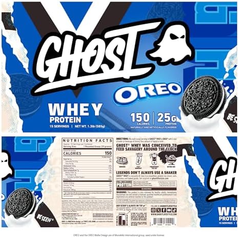 GHOST Whey Protein Powder, Oreo - 1LB Tub, 25G of Protein - Flavored Isolate, Concentrate & Hydrolyzed Whey Protein Blend - Post Workout Shakes