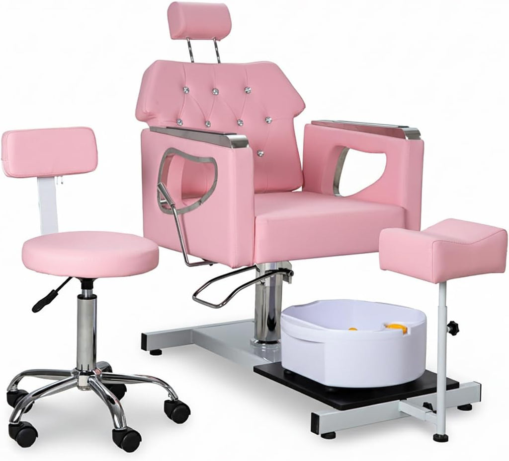 Pedicure Chair w/Foot Spa Basin, Adjustable Salon Chair w/ 360° Swivel & Reclining Backrest, Nail Tech Station with Stool & Footrest, Heavy Duty Spa Chair for Home Salon (Pink)