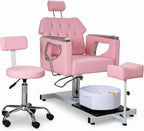 Pedicure Chair w/Foot Spa Basin, Adjustable Salon Chair w/ 360° Swivel & Reclining Backrest, Nail Tech Station with Stool & Footrest, Heavy Duty Spa Chair for Home Salon (Pink)