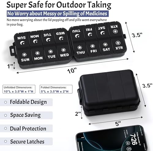 Foldable Weekly Pill Organizer 2 Times a Day with 2 Extra Compartments (Clear Printed Labels) - Portable 7 Day AM PM Medicine Box, Week Daily Travel Pill Case Holder for Vitamin, Supplement - Black